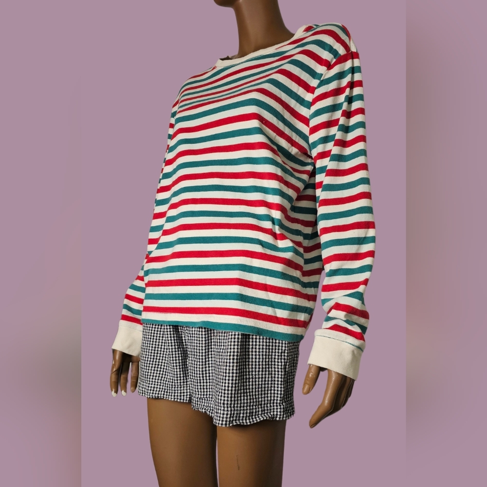 Indigo Striped Women's Top - Red, Green, White 100% Organic Cotton Size M